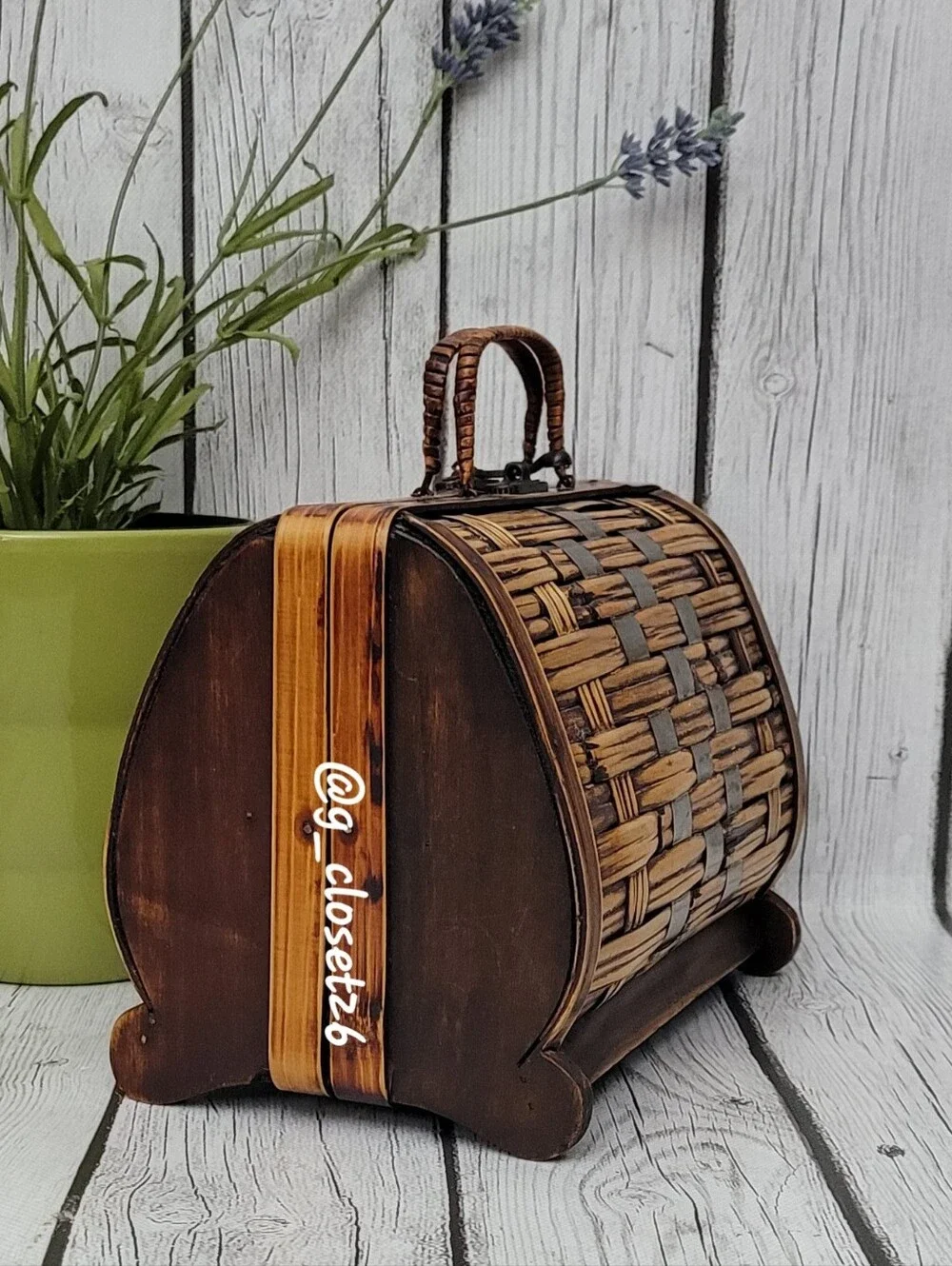 Woven Bamboo Box Purse with Handle - Natural & Silver Metal Accents